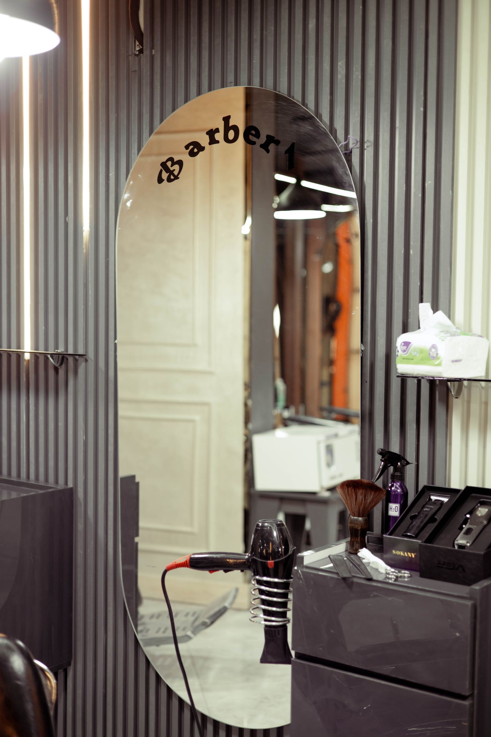 Editorial salon mirror and styling station
